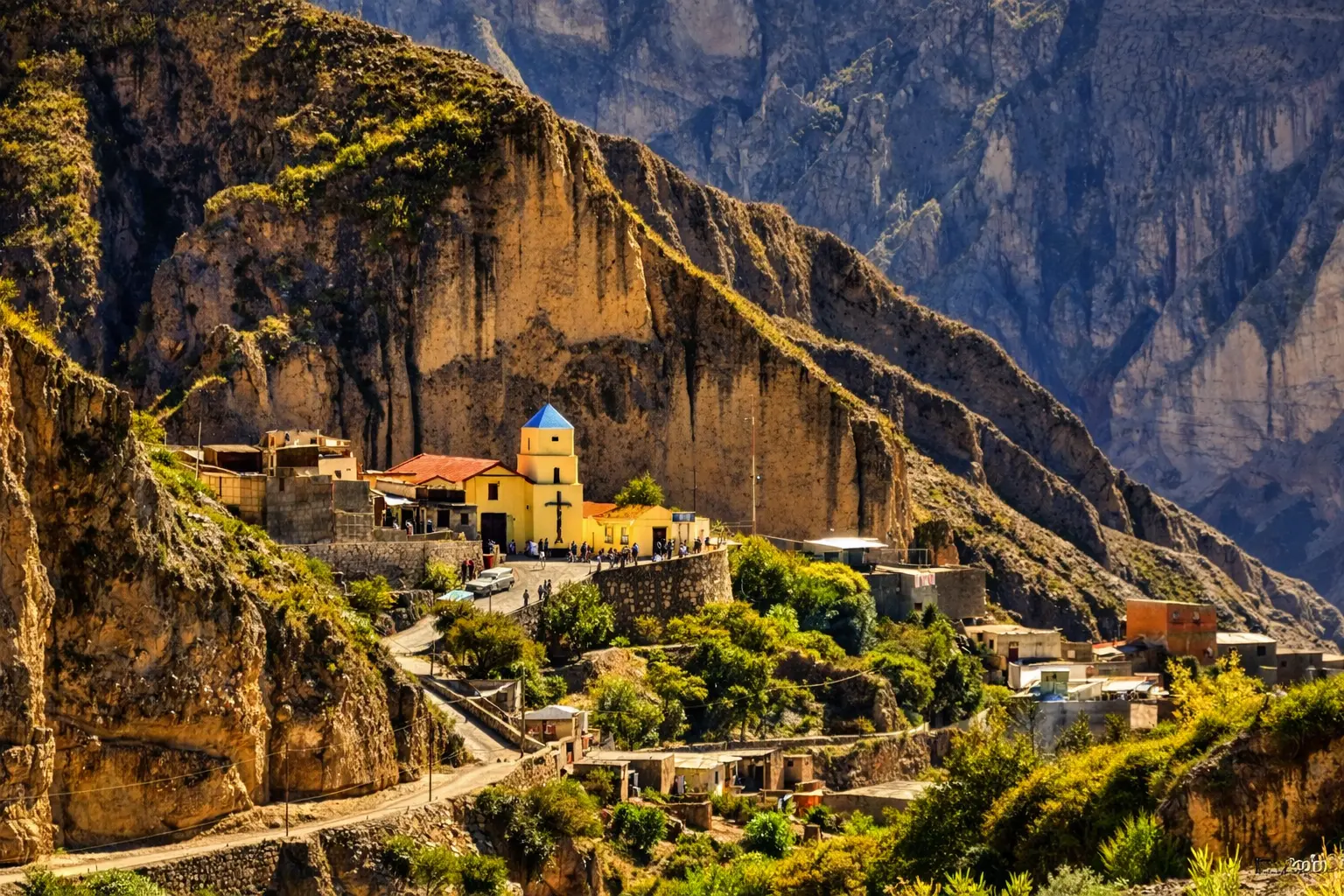 Pueblo de Iruya desde el rio. Vista de la iglesia