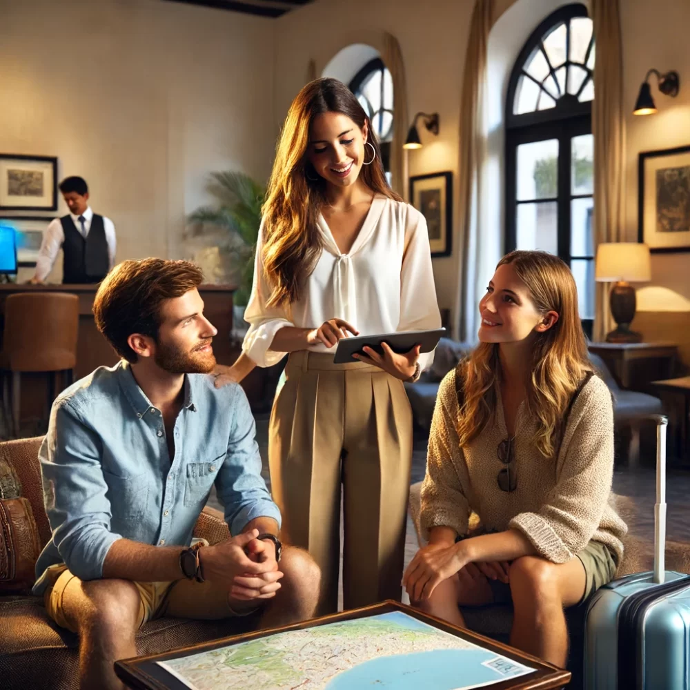 DALL·E 2024-06-14 12.56.01 - Image of a female travel advisor in a hotel lobby setting in Salta, assisting a couple. The advisor is a young Caucasian woman dressed in a casual yet