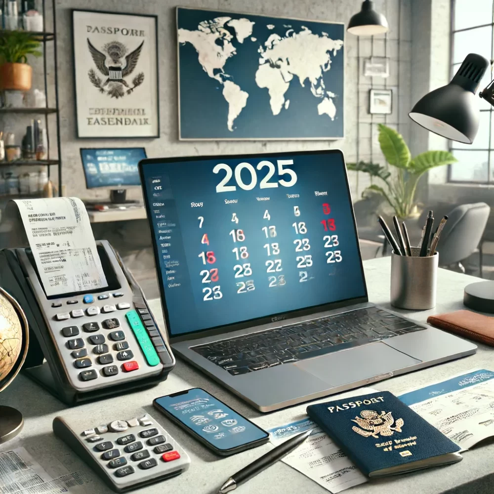 DALL·E 2024-06-14 12.56.44 - Image of a modern workspace setup showing a laptop open with a calendar on the screen displaying the year 2025, positioned at the center of a sleek de