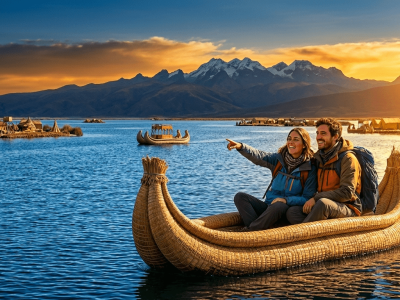 Turistas en el lago Titicaca disfrutando de la experienca